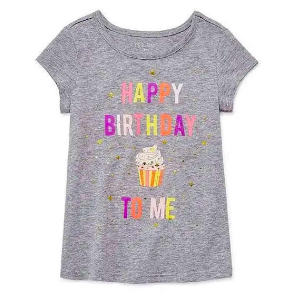 Girls Shirt Okie Dokie Short Sleeve Happy Birthday Gray Crew Tagless Top-size 4T